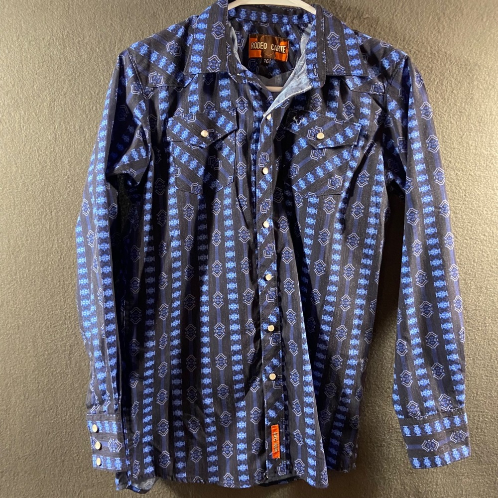 Rodeo Carte pearl snap Shirt 16 blue Western Geometric Aztec festival‎ cowboy